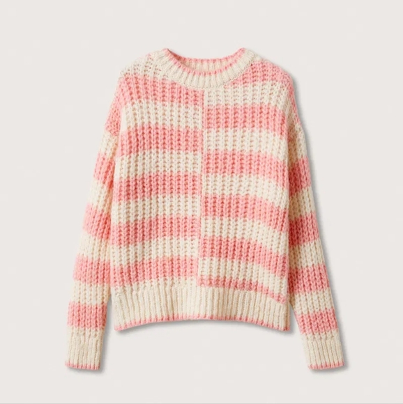 Mango Sweater Pink/white stripes Chunky Cable Size Large Soft Warm Women - Picture 1 of 10